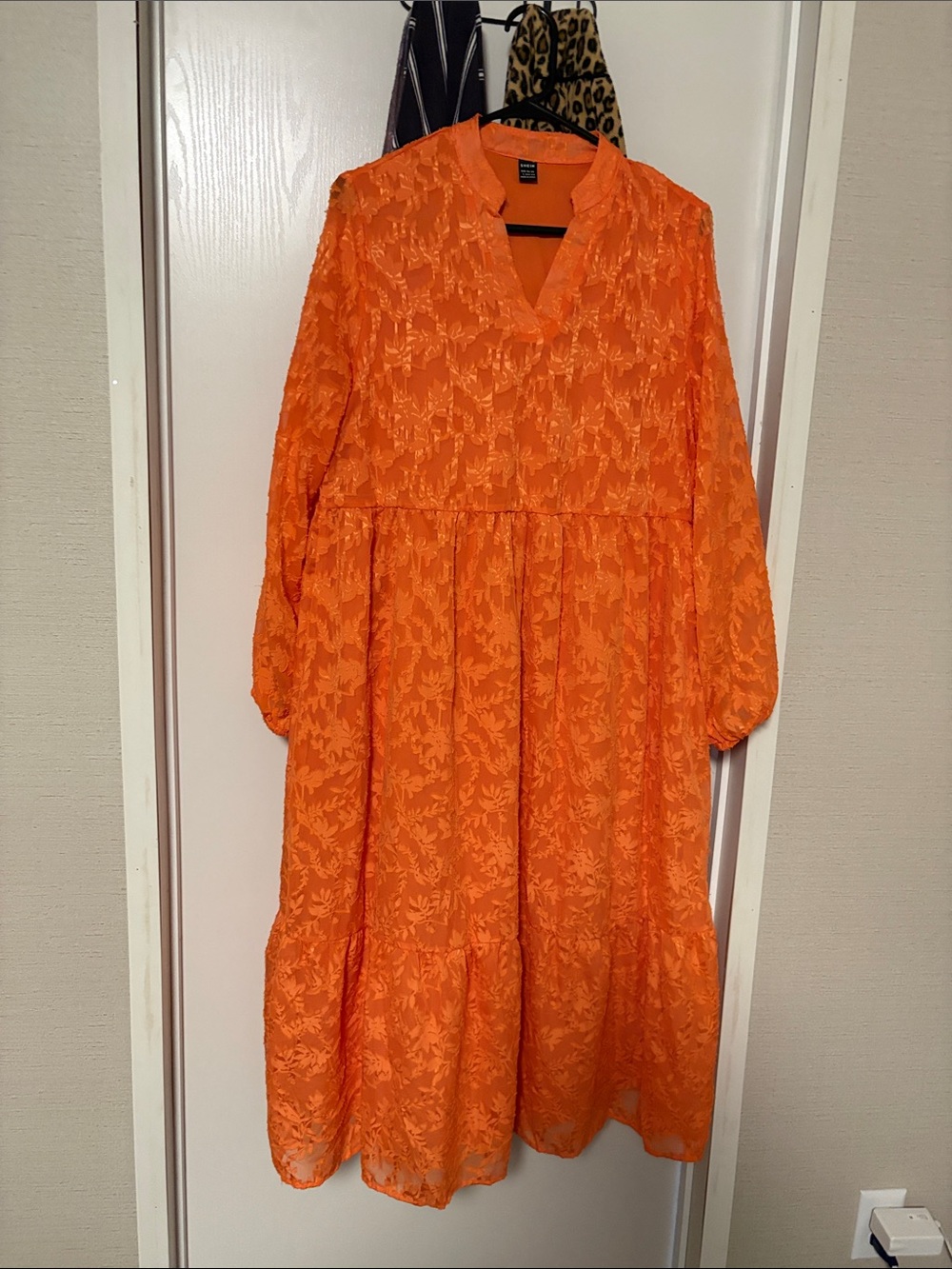 SHEIN Orange Floral Lace Long Sleeve Tiered Midi Dress